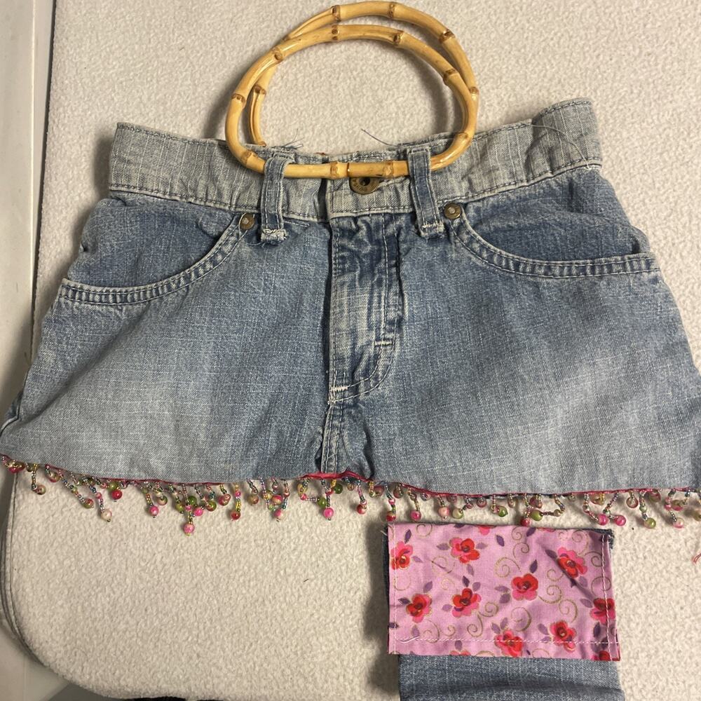 Y2K Upcycled Lee Dungarees Denim Purse Bamboo Handle Pink Floral Beaded Fringe
